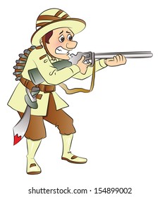 Vector illustration of armed soldier aiming with gun.