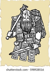 Vector illustration with armed warrior gnome.Vector sketch for tattoo