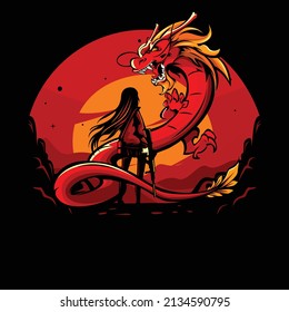 Ilustración vectorial de una mujer armada frente a un dragón
