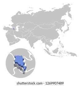Vector illustration of Armenia in blue on the grey model of Asia map with zooming replica of country