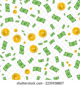 Vector illustration of Armenian dram money. Random pattern of banknotes and coins in green and gold colors on transparent background (PNG). 