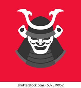 Vector illustration with the armor of a samurai in minimalistic flat style on red background