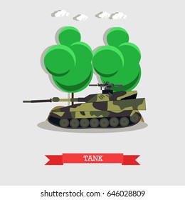 Vector illustration of armored fighting vehicle, military transportation. Tank concept design element in flat style.