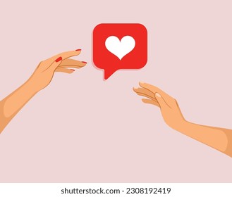 Vector illustration of arms pointing fingers on heart sign. Male and female hands trying to reach feedback sign on pink background