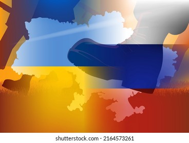 Vector illustration of army boots silhouette with Ukrainian flag, Russian flag and Ukraine map, invasion, conflict, under pressure, war concept