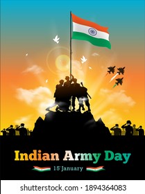 vector illustration of Army day of India, Republic day celebration background with soldiers hold up Indian flag, applaud victory, people appreciating, clapping and saluting Indian army soldier parade