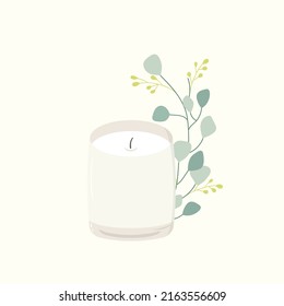 Vector illustration of aroma candle in glass jar with silver dollar eucalyptus branch on pastel pink background. Wellness spa self care meditation concept