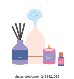 Vector illustration of aroma diffuser, candle and aroma oil. Aromatherapy concept.