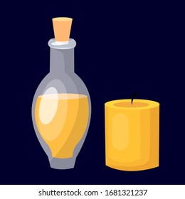 Vector illustration of aroma oil bottle for body and candles isolated on blue background. Stock illustration of a glass bottle with yellow massage oil. Illustration of scented candles.