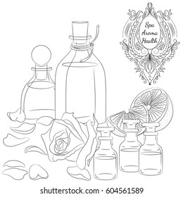 Vector illustration with aroma oils and oils for spa massage. Line art isolated on white background. Design for a spa, massage and beauty salon, organic health care products