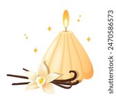 Vector illustration of aroma vanilla candle with vanilla flower and dried pods isolated on white background.