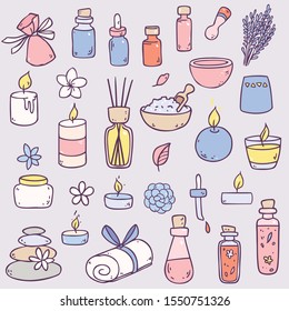 Vector illustration with aromatherapy elements  like oil, candles, flowers and so on  isolated on background