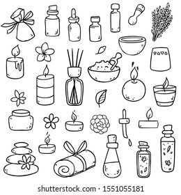 Vector illustration with aromatherapy elements  like oil, candles, flowers and so on  isolated on background