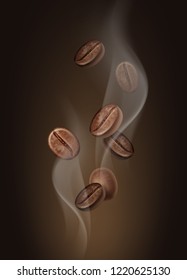 Vector illustration of aromatic coffee beans in hot steam close-up isolated on dark background. Abstract composition depicting the aroma of coffee