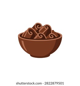 Vector Illustration of Aromatic Dried Cinnamon Sticks in a Small Brown Ceramic Bowl on White Background