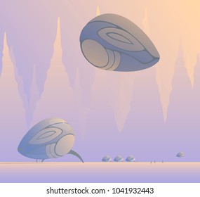 Vector illustration of the arrival of a space ship on an airfield of the future against a background of a mountain landscape