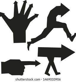 Vector illustration. Arrow black silhouette in hand, running man or walking.