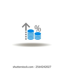 Vector illustration of arrow up and coins pile stack witn percent. Symbol of inflation. Icon of recession. Pictogram of money percent growth.