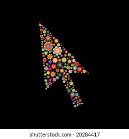 Vector illustration of arrow cursor shape made up a lot of  multicolored small flowers on the black background