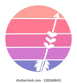 Vector Illustration of Arrow with Feathers with Circle Sunset of Red, Pink, and Violet Color. Graphic Design for Background, T-shirt, Template, and More