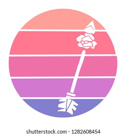 Vector Illustration of Arrow with Feathers with Circle Sunset of Red, Pink, and Violet Color. Graphic Design for Background, T-shirt, Template, and More