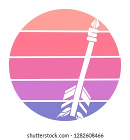 Vector Illustration of Arrow with Feathers with Circle Sunset of Red, Pink, and Violet Color. Graphic Design for Background, T-shirt, Template, and More