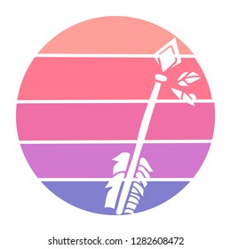 Vector Illustration of Arrow with Feathers with Circle Sunset of Red, Pink, and Violet Color. Graphic Design for Background, T-shirt, Template, and More