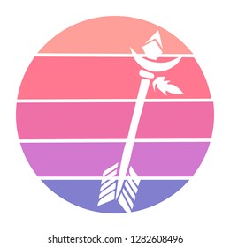 Vector Illustration of Arrow with Feathers with Circle Sunset of Red, Pink, and Violet Color. Graphic Design for Background, T-shirt, Template, and More