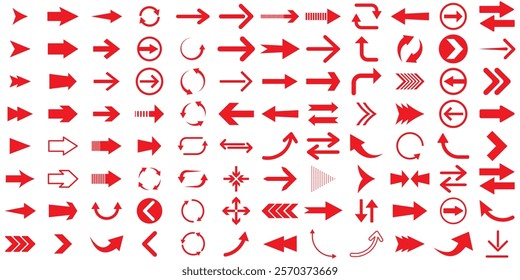 Vector illustration of arrow icons set. Collection different arrow signs. Red arrows icons.  Arrow icon collection. 