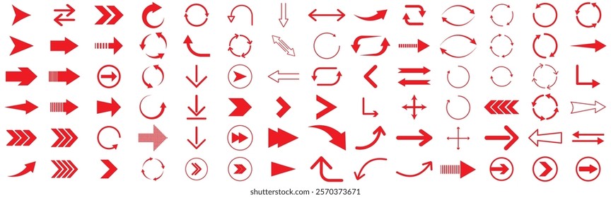 Vector illustration of arrow icons set. Collection different arrow signs. Red arrows icons.  Arrow icon collection. 