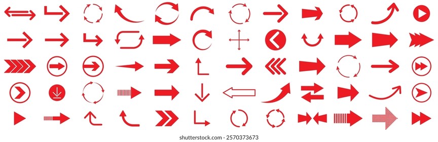 Vector illustration of arrow icons set. Collection different arrow signs. Red arrows icons.  Arrow icon collection. 