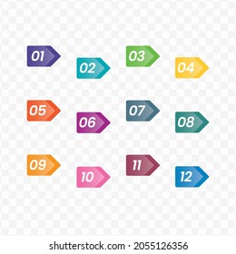 Vector illustration of arrow number bullet points from one to twelve with a transparent background (PNG).