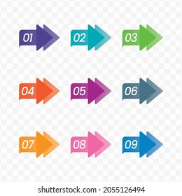 Vector illustration of arrow number bullet points from one to twelve with a transparent background 