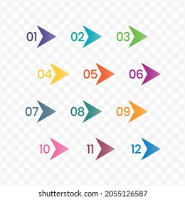 Vector illustration of arrow number bullet points from one to twelve with a transparent background (PNG).