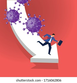 Ilustración vectorial de una flecha apuntando hacia abajo con un hombre de negocios y virus deslizándose hacia abajo.