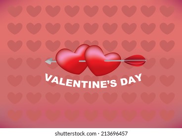 Vector illustration of an arrow shooting through two hearts with red heart shape pattern background