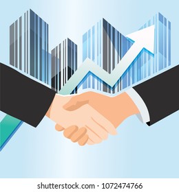 Vector Illustration of arrow showing profits, Business handshake on city scape background. Concept of the teamwork with technology for successful business.