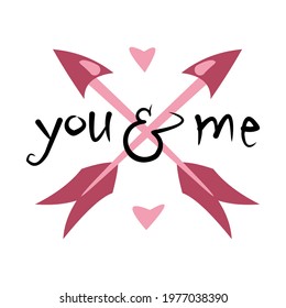 Vector illustration of arrows against each other and text You and Me. Wedding symbol, romantic icon. Valentines day card illustration. Love celebration icon.