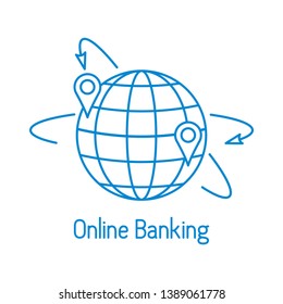 Vector illustration with arrows around planet earth with location. Electronic payment, internet finance. Financial services. Use of banking technology. Design for apps, websites, print, presentation.