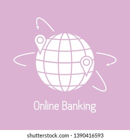 Vector illustration with arrows around planet earth with location. Electronic payment, internet finance. Financial services. Use of banking technology. for apps, websites, print, banner, presentation.