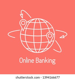 Vector illustration with arrows around planet earth with location. Electronic payment, internet finance. Financial services.  banking technology. Design for apps, websites, print, banner, presentation