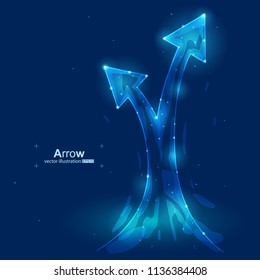 Vector illustration of arrows. Concept of two arrows up. Bright abstract design with stars. Wireframe geometry on the dark blue background.