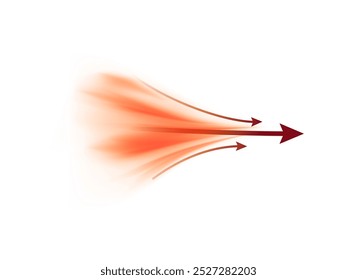 Ilustración vectorial con flechas que indican la dirección del flujo de aire naranja sobre un fondo blanco. Pequeñas partículas están girando, demostrando energía.