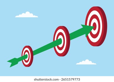 Ilustração vetorial das setas que percorrem metas de curto, médio e longo prazo, simbolizando o esforço focalizado, a persistência e o sucesso em todos os estágios de planejamento
