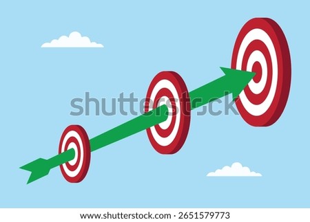 Vector illustration of arrows piercing through short term, medium term, and long term goals, symbolizing focused effort, persistence, and success across all planning stages
