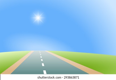 Vector illustration of an arrow-straight road in a green landscape, with a bright star shining in the blue and clear sky. Empty space leaves room for design elements or text.