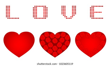 Vector Illustration Art of 3 Different Heart Icons, The Symbol of Love, with Text "LOVE" Isolated on White Background.