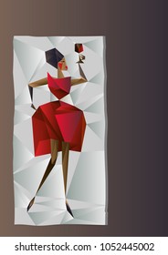 Vector illustration of an art abstract geometric pattern made of triangles. A woman in a red dress with a glass of red wine in her raised hand is glamorous stylishly fashionable and decorative 
