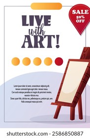 Vector illustration of an art banner featuring an easel and a 50% discount. Suitable for art studios, courses, and schools  

