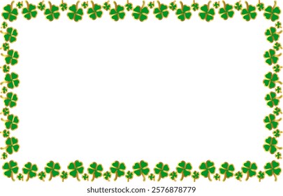 Vector Illustration Art of A Beautiful St. Patrick's Day Postcard or Wishes Card with Green - Gold Shamrock or 4-Leaf Clover Frame, Isolated on White Background.